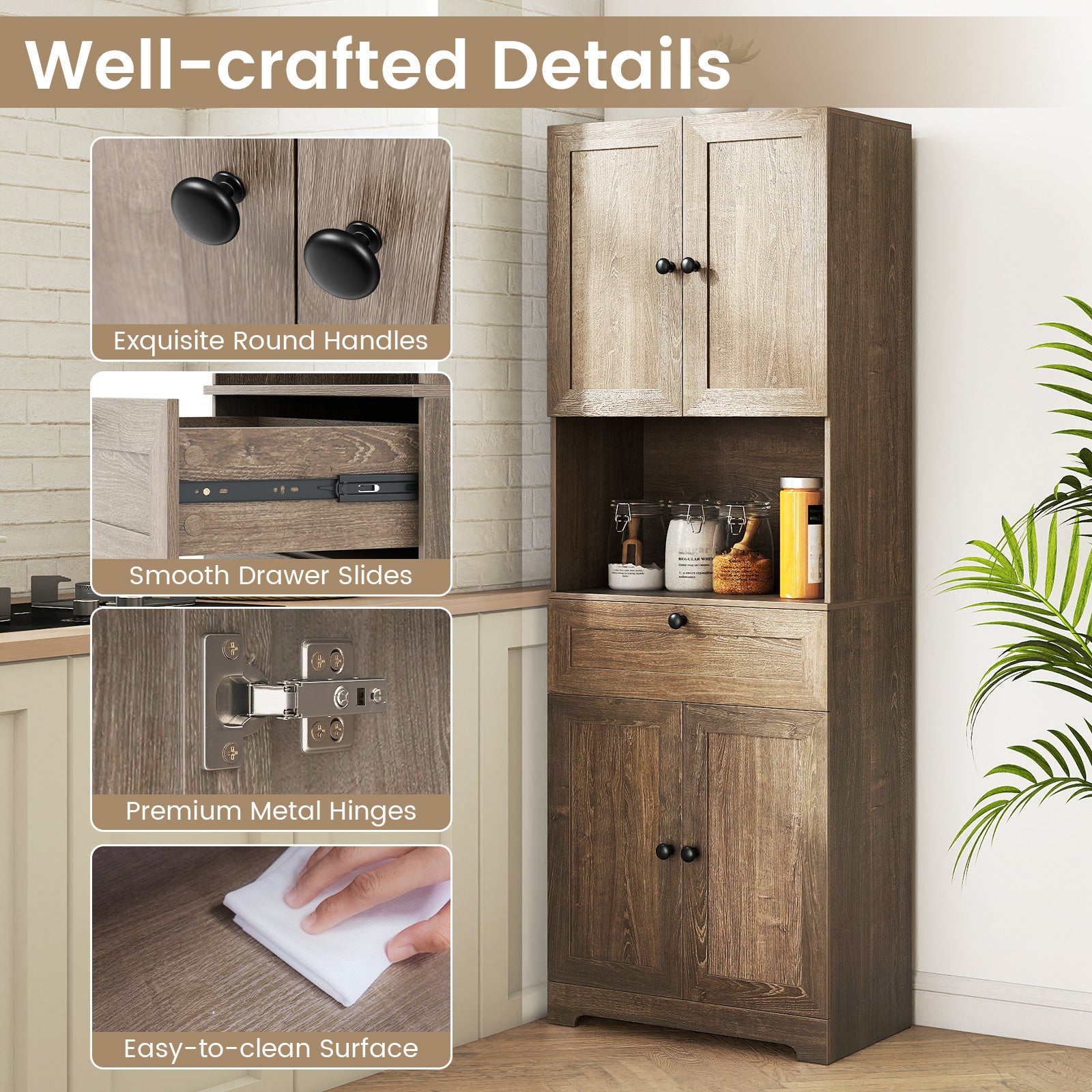 67.5 Inch Tall Modern Freestanding Floor Storage Cabinet with 4 Doors and 1 Drawer-Oak