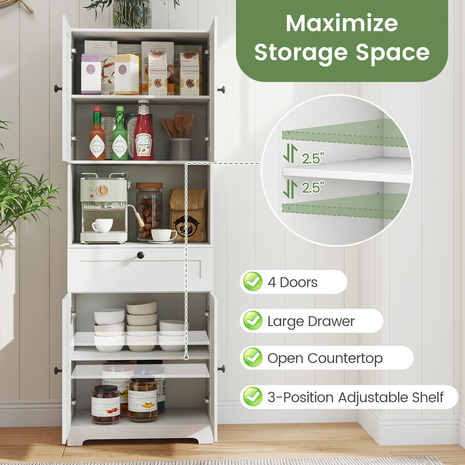 67.5 Inch Tall Modern Freestanding Floor Storage Cabinet with 4 Doors and 1 Drawer-White