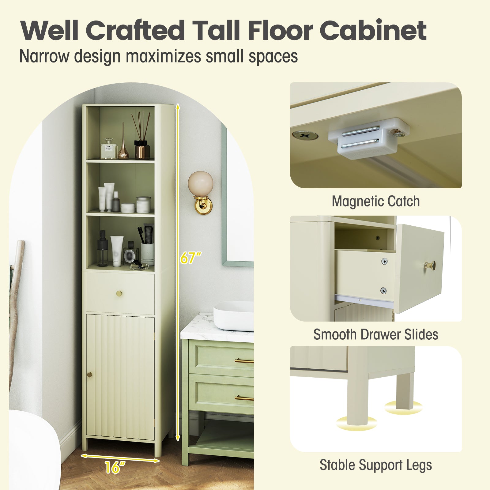 67 Inch Tall Bathroom Cabinet  Narrow Floor Cabinet with Fluted Door-Beige