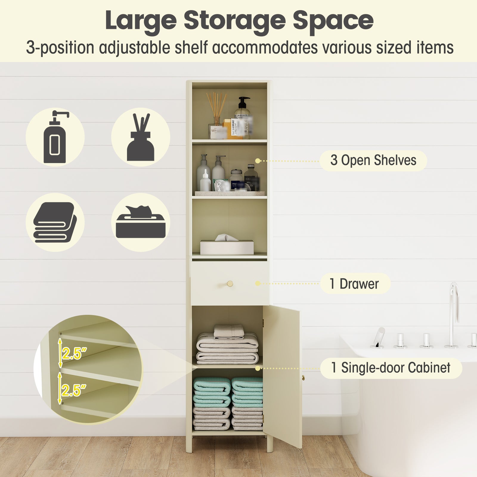 67 Inch Tall Bathroom Cabinet  Narrow Floor Cabinet with Fluted Door-Beige