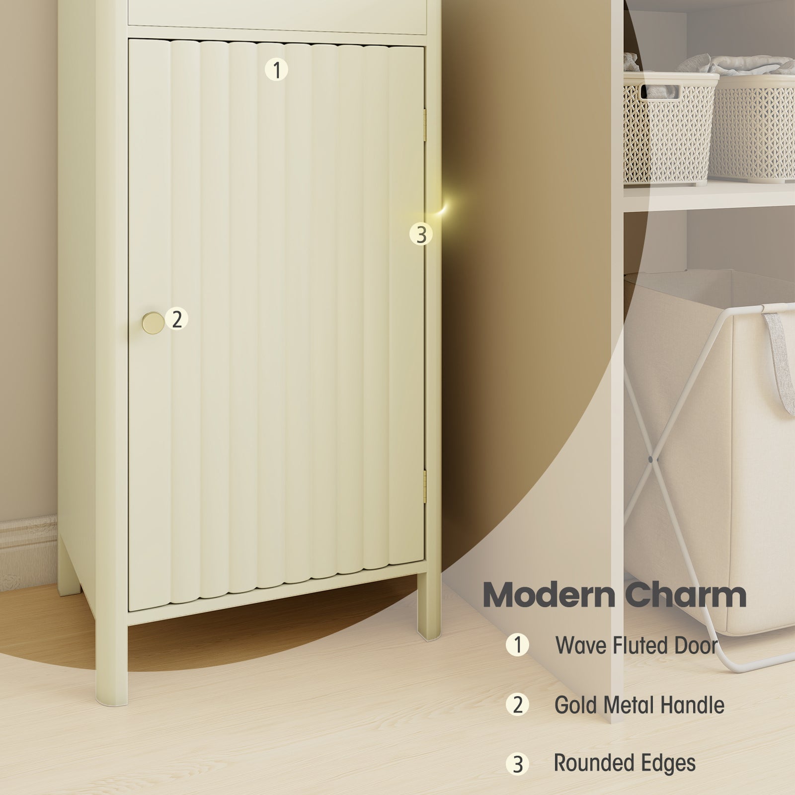 67 Inch Tall Bathroom Cabinet  Narrow Floor Cabinet with Fluted Door-Beige