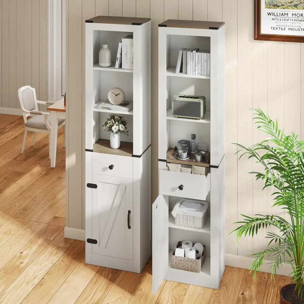 68 inch Tall Bathroom Cabinet with Barn Door Narrow Slim Storage Organizer Unit with Drawer-White - White - Floor