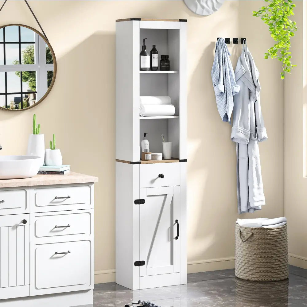 68 inch Tall Bathroom Cabinet with Barn Door Narrow Slim Storage Organizer Unit with Drawer-White - White - Floor