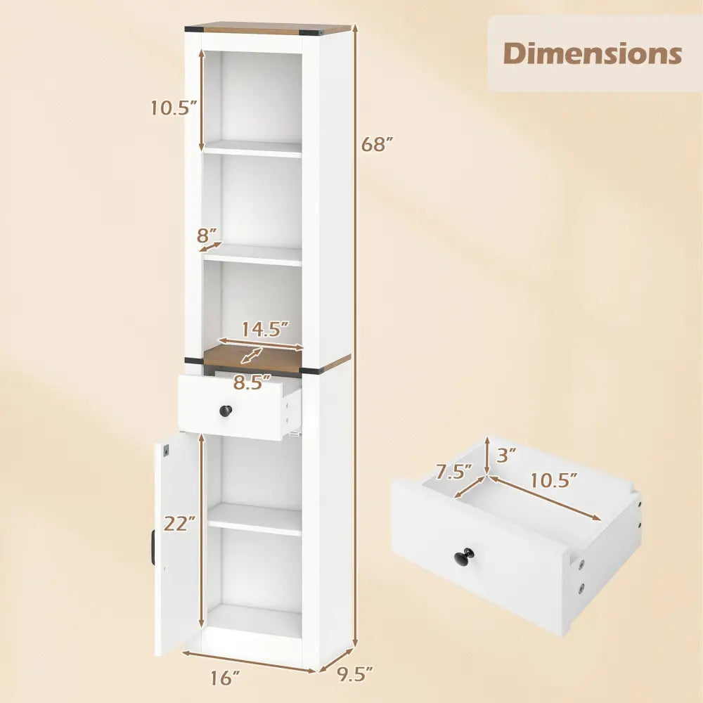 68 inch Tall Bathroom Cabinet with Barn Door Narrow Slim Storage Organizer Unit with Drawer-White - White - Floor
