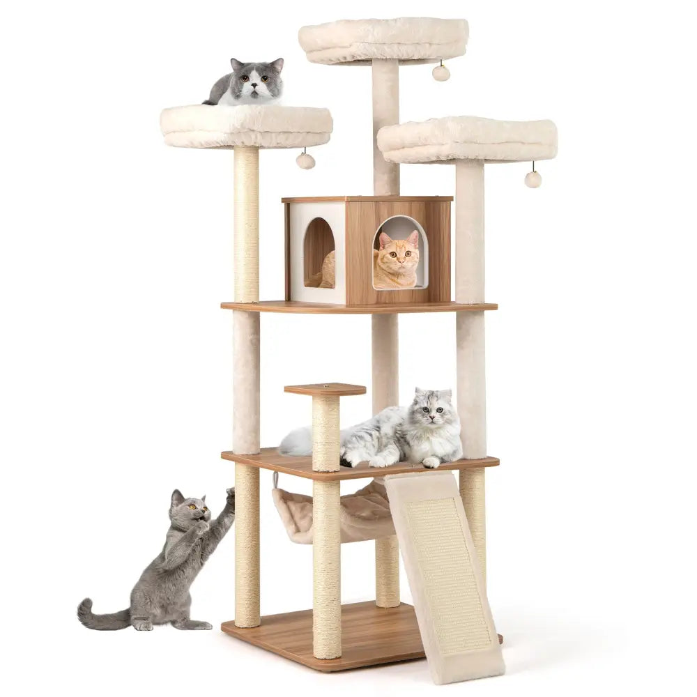 68 Inch Tall Cat Tree with 3 Padded Perches Condo and Sisal Scratching Posts-Natural - Natural - Cat Trees Condos &