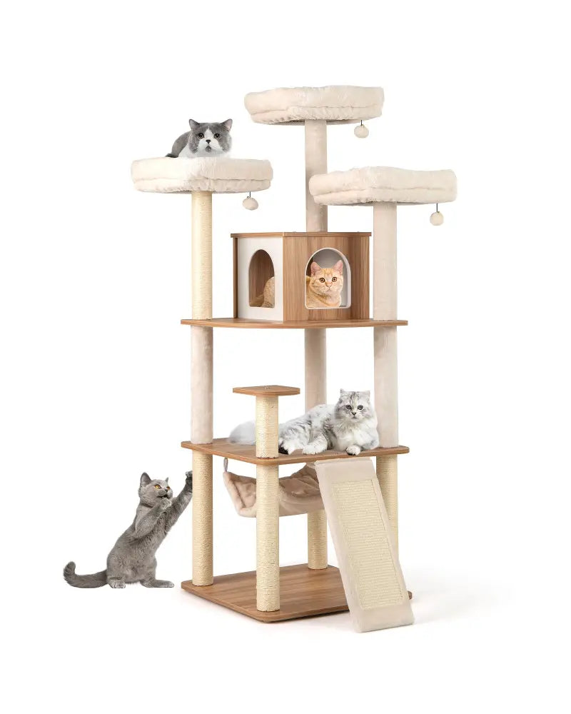 68 Inch Tall Cat Tree with 3 Padded Perches Condo and Sisal Scratching Posts-Natural - Natural - Cat Trees Condos &