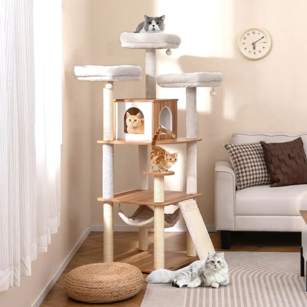 68 Inch Tall Cat Tree with 3 Padded Perches Condo and Sisal Scratching Posts-Natural - Natural - Cat Trees Condos &