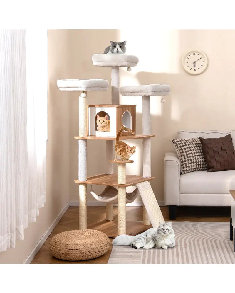 68 Inch Tall Cat Tree with 3 Padded Perches Condo and Sisal Scratching Posts-Natural - Natural - Cat Trees Condos &