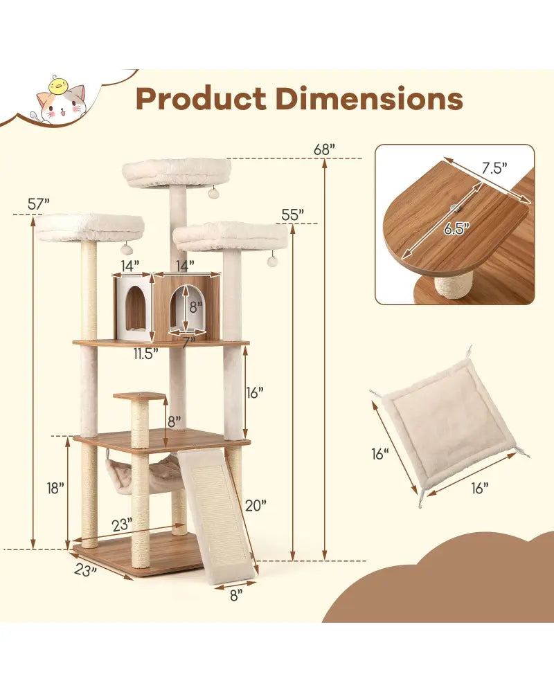 68 Inch Tall Cat Tree with 3 Padded Perches Condo and Sisal Scratching Posts-Natural - Natural - Cat Trees Condos &