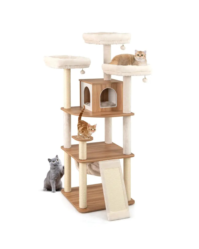 68 Inch Tall Cat Tree with 3 Padded Perches Condo and Sisal Scratching Posts-Natural - Natural - Cat Trees Condos &