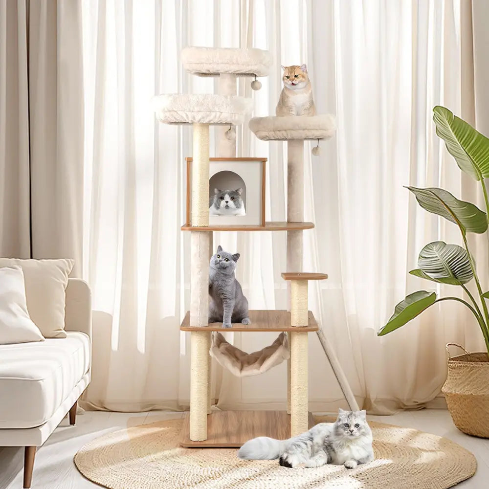 68 Inch Tall Cat Tree with 3 Padded Perches Condo and Sisal Scratching Posts-Natural - Natural - Cat Trees Condos &