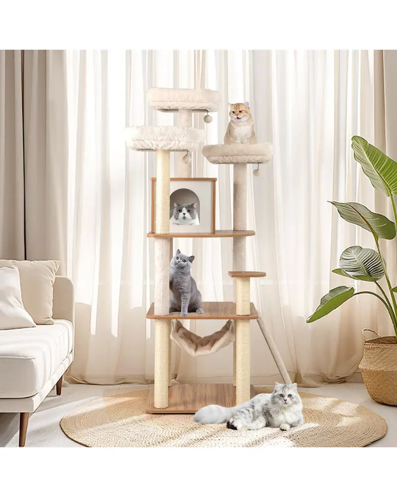 68 Inch Tall Cat Tree with 3 Padded Perches Condo and Sisal Scratching Posts-Natural - Natural - Cat Trees Condos &
