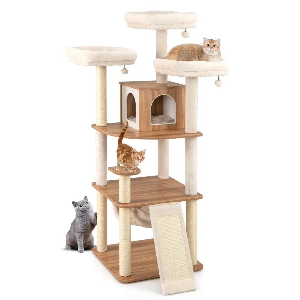 68 Inch Tall Cat Tree with 3 Padded Perches Condo and Sisal Scratching Posts-Natural - Natural - Cat Trees Condos &