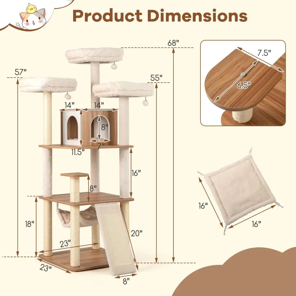 68 Inch Tall Cat Tree with 3 Padded Perches Condo and Sisal Scratching Posts-Natural - Natural - Cat Trees Condos &