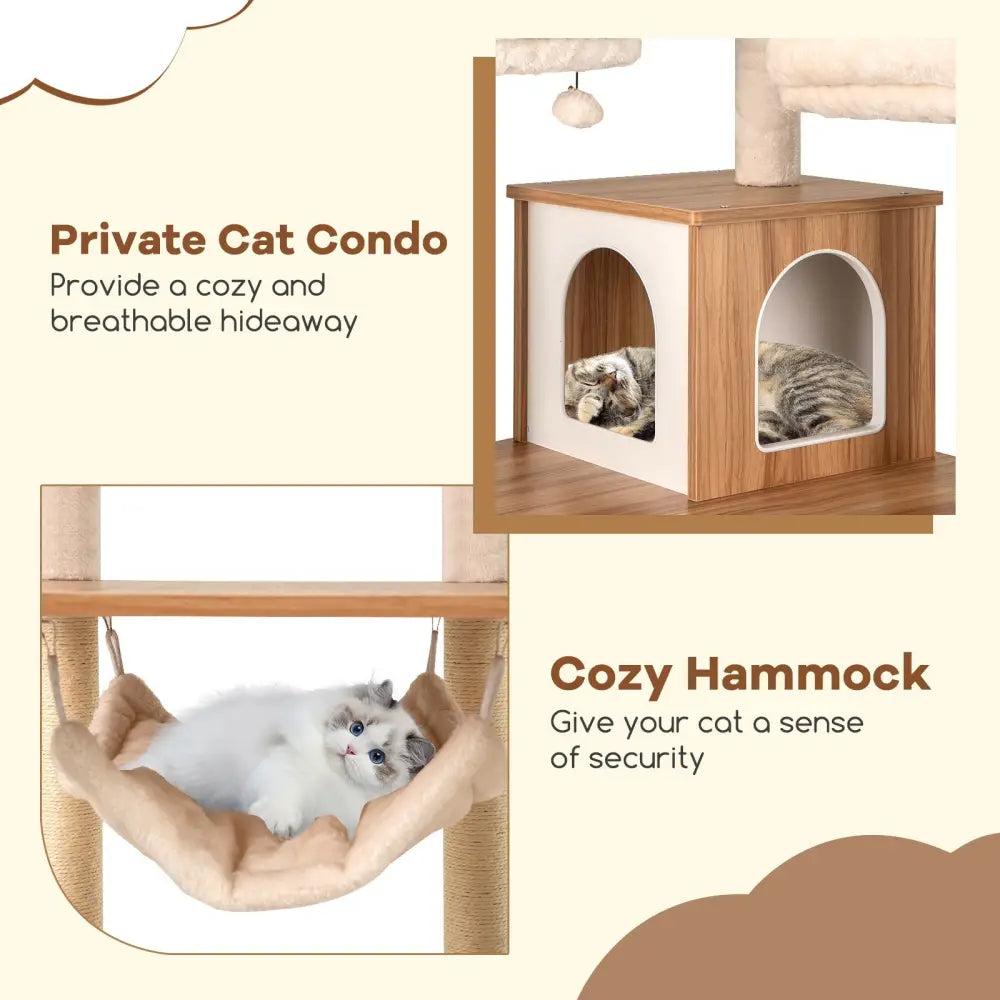 68 Inch Tall Cat Tree with 3 Padded Perches Condo and Sisal Scratching Posts-Natural - Natural - Cat Trees Condos &
