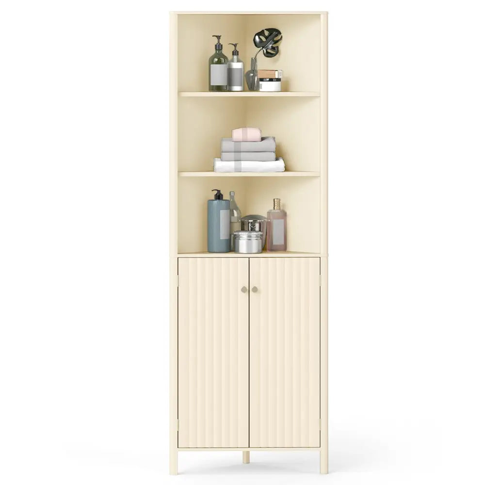68 Inch Tall Corner Cabinet with 5 Shelves and 2 Fluted Doors for Bathroom-Beige - Beige - Floor Cabinets