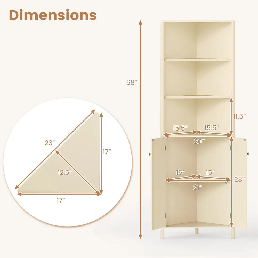 68 Inch Tall Corner Cabinet with 5 Shelves and 2 Fluted Doors for Bathroom-Beige - Beige - Floor Cabinets