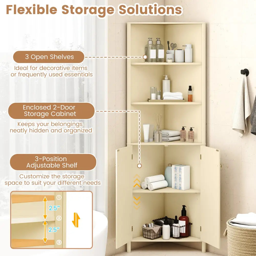 68 Inch Tall Corner Cabinet with 5 Shelves and 2 Fluted Doors for Bathroom-Beige - Beige - Floor Cabinets