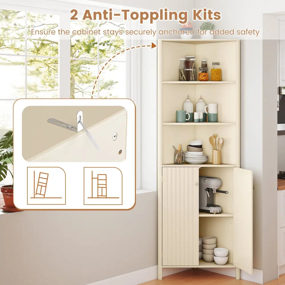 68 Inch Tall Corner Cabinet with 5 Shelves and 2 Fluted Doors for Bathroom-Beige - Beige - Floor Cabinets
