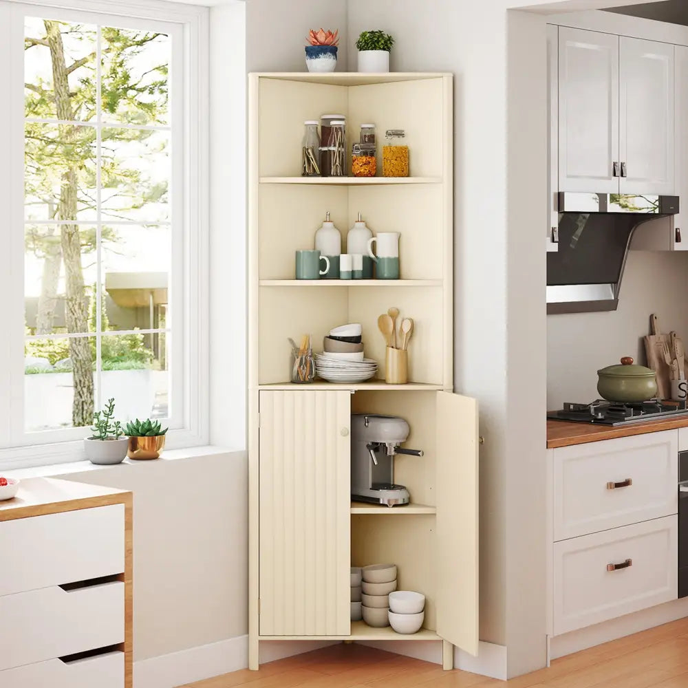68 Inch Tall Corner Cabinet with 5 Shelves and 2 Fluted Doors for Bathroom-Beige - Beige - Floor Cabinets