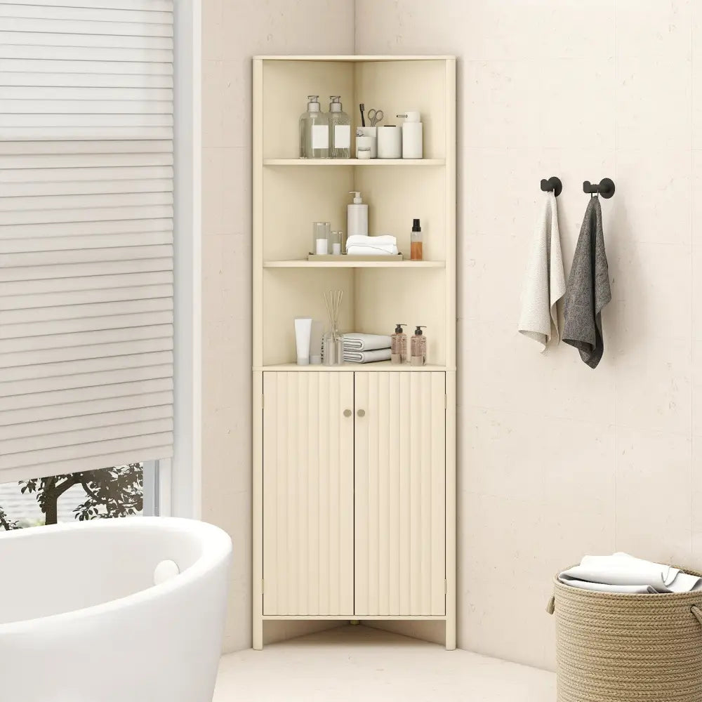 68 Inch Tall Corner Cabinet with 5 Shelves and 2 Fluted Doors for Bathroom-Beige - Beige - Floor Cabinets