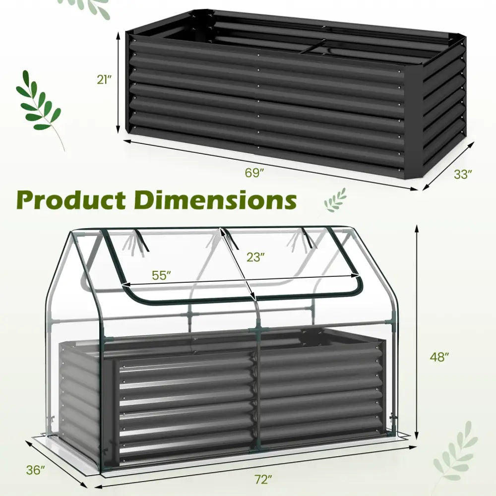 68 x 33 x 21 Inch Galvanized Raised Garden Bed with Cover-Black - Black - Raised Garden Beds