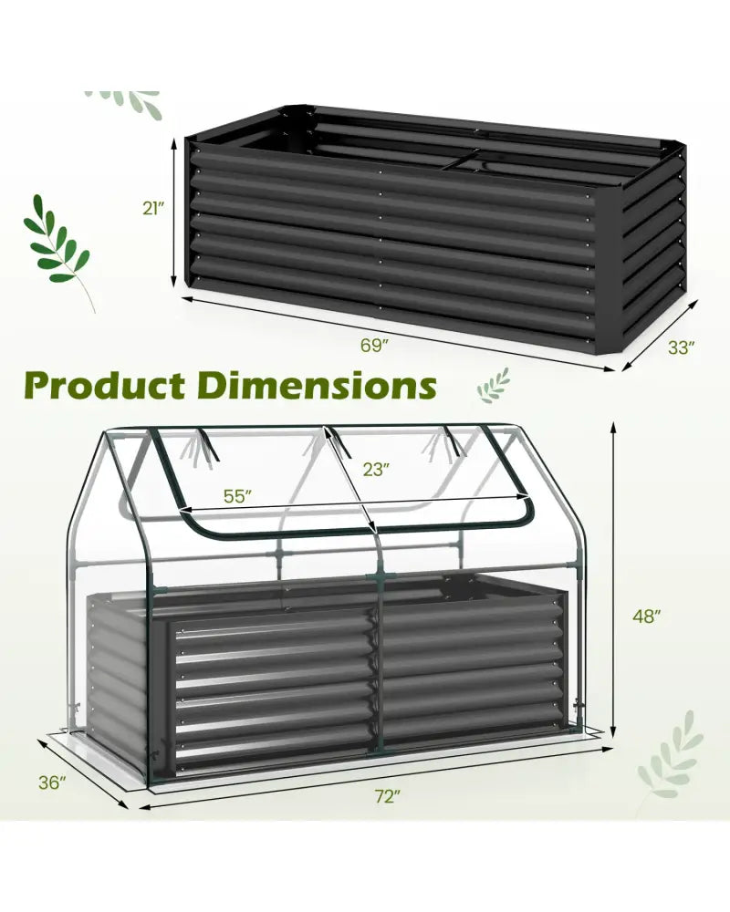 68 x 33 x 21 Inch Galvanized Raised Garden Bed with Cover-Black - Black - Raised Garden Beds