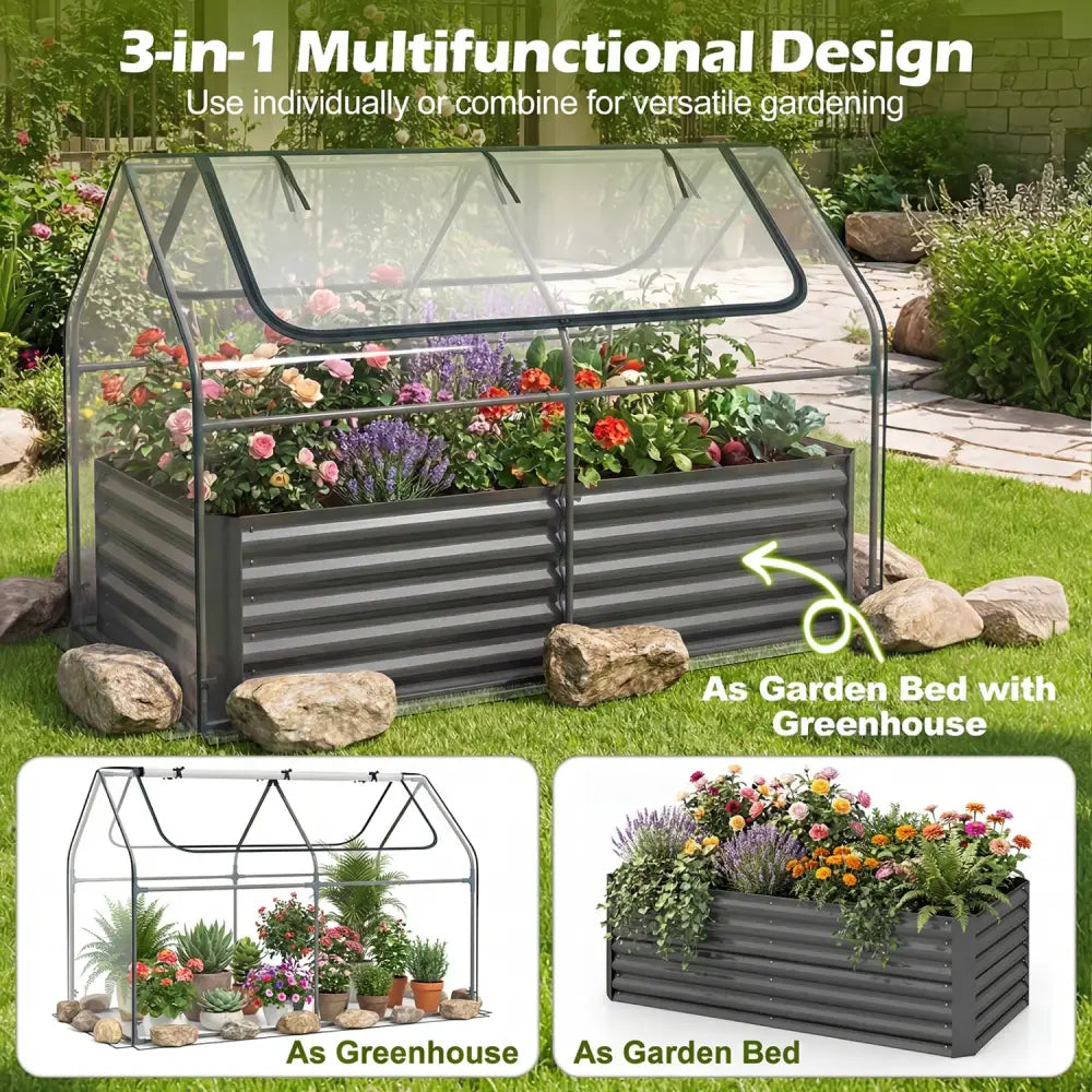 68 x 33 x 21 Inch Galvanized Raised Garden Bed with Cover-Black - Black - Raised Garden Beds