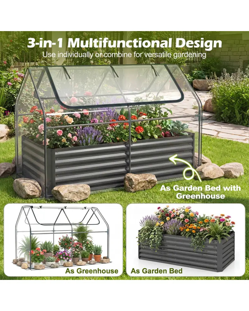 68 x 33 x 21 Inch Galvanized Raised Garden Bed with Cover-Black - Black - Raised Garden Beds