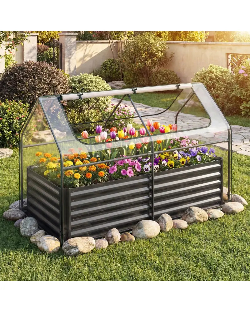 68 x 33 x 21 Inch Galvanized Raised Garden Bed with Cover-Black - Black - Raised Garden Beds