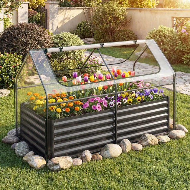 68 x 33 x 21 Inch Galvanized Raised Garden Bed with Cover-Black - Black - Raised Garden Beds