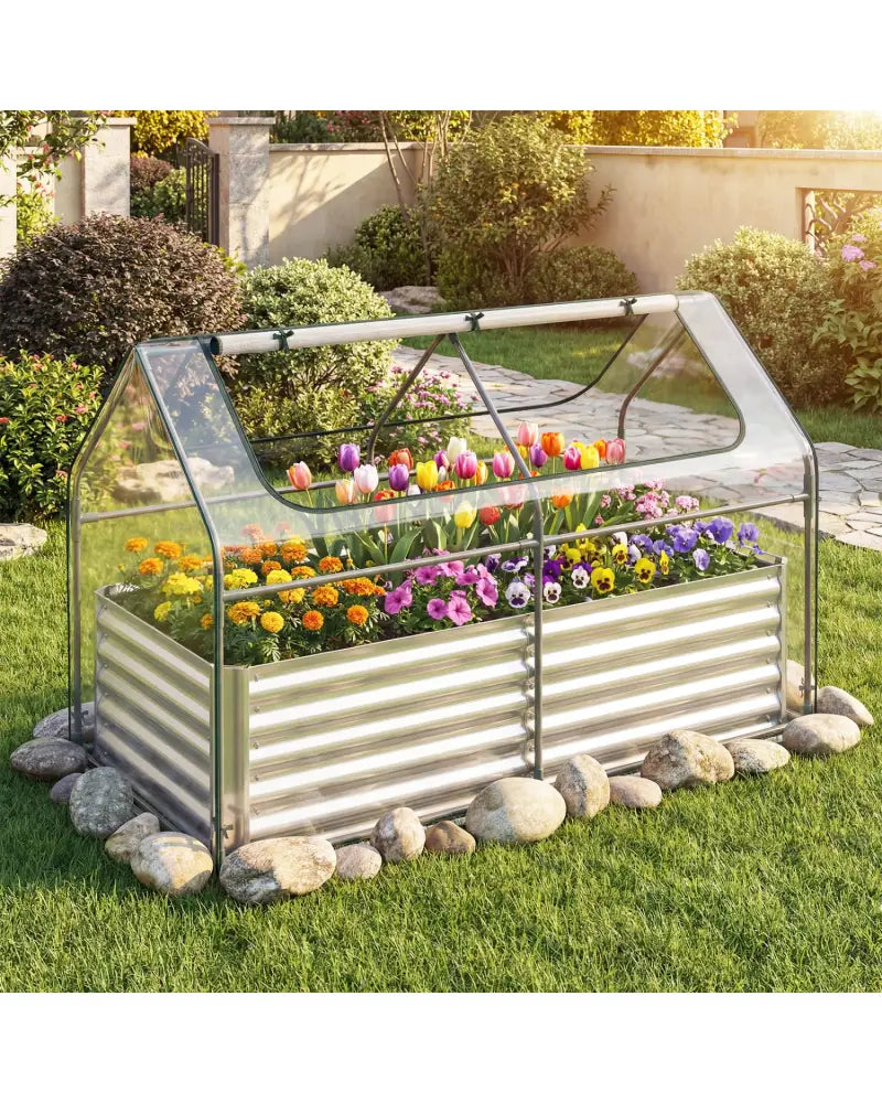 68 x 33 x 21 Inch Galvanized Raised Garden Bed with Cover-Silver - Silver - Raised Garden Beds