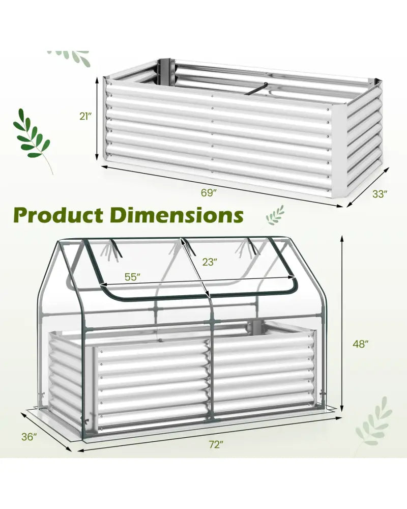 68 x 33 x 21 Inch Galvanized Raised Garden Bed with Cover-Silver - Silver - Raised Garden Beds