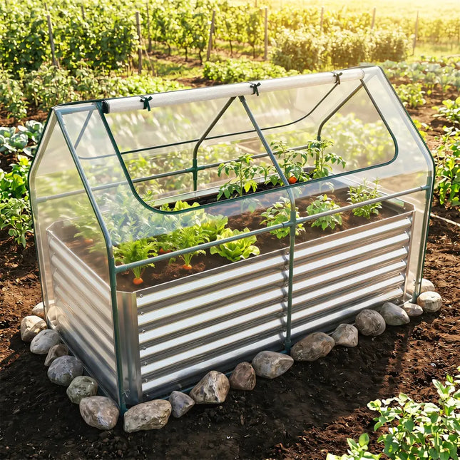 68 x 33 x 21 Inch Galvanized Raised Garden Bed with Cover-Silver - Silver - Raised Garden Beds