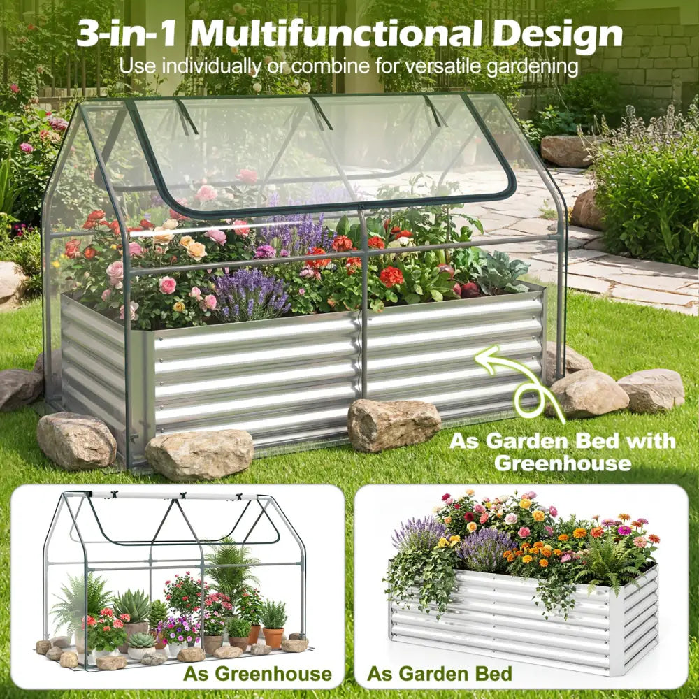 68 x 33 x 21 Inch Galvanized Raised Garden Bed with Cover-Silver - Silver - Raised Garden Beds