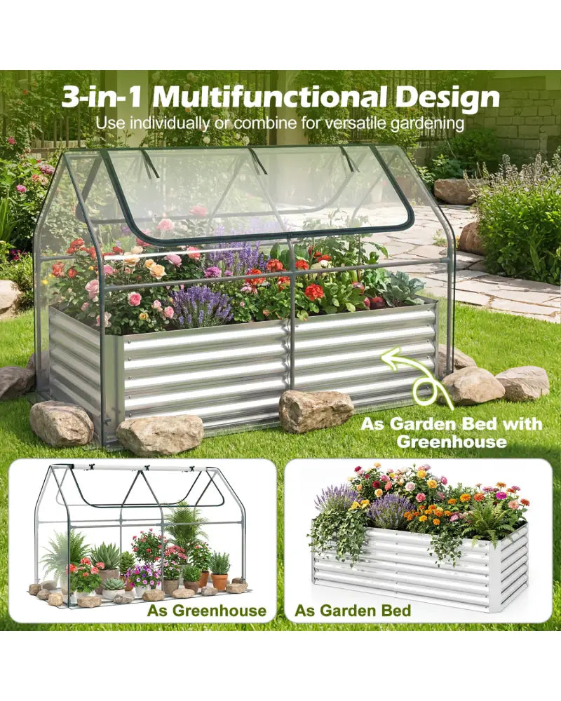 68 x 33 x 21 Inch Galvanized Raised Garden Bed with Cover-Silver - Silver - Raised Garden Beds