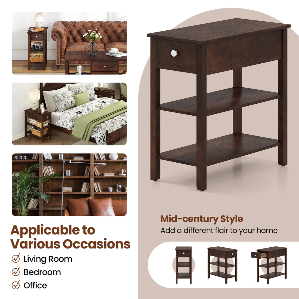 3-Tier Narrow End Table with Drawer and Storage Shelves Set of 2-Walnut