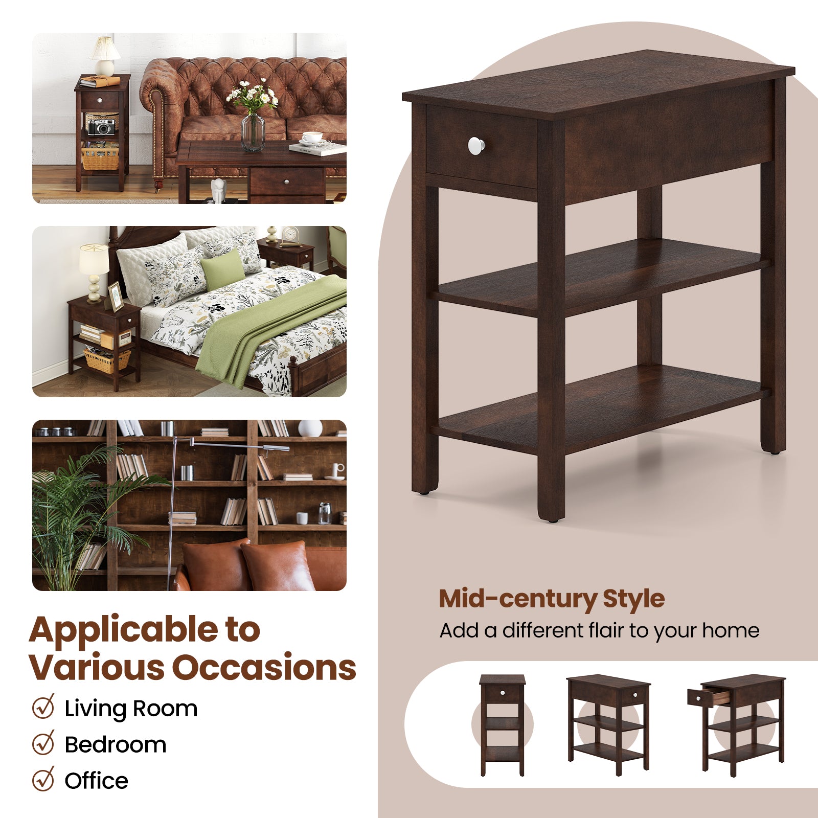 3-Tier Narrow End Table with Drawer and Storage Shelves Set of 2-Walnut