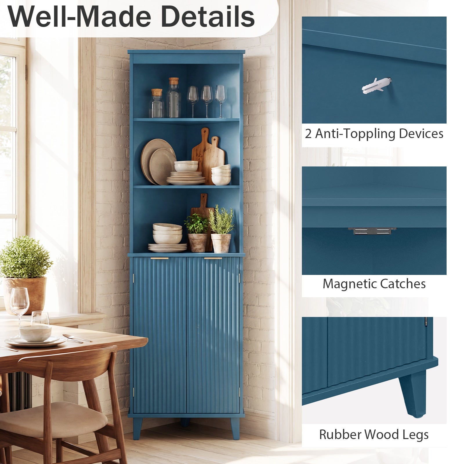 68 Inch Tall Bathroom Floor Storage Cabinet with Fluted Doors-Blue