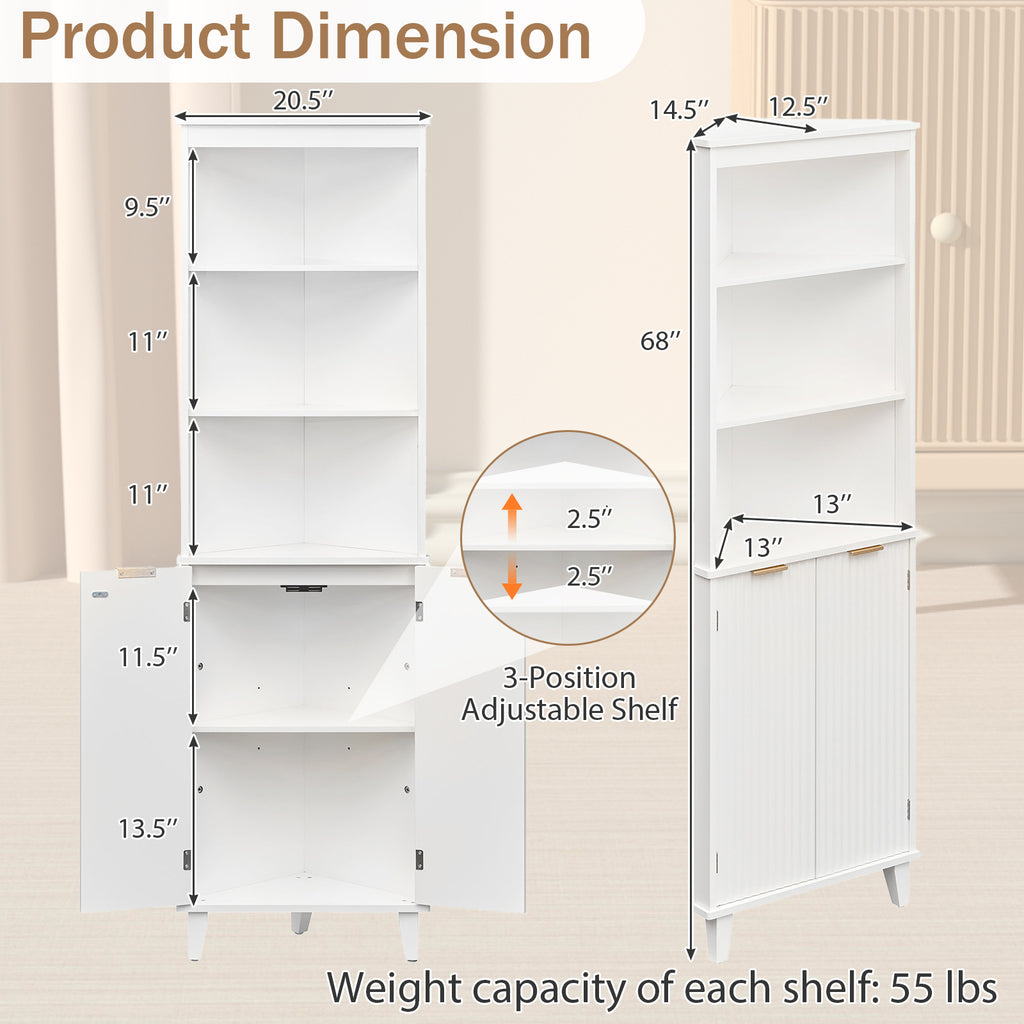 68 Inch Tall Bathroom Floor Storage Cabinet with Fluted Doors-White