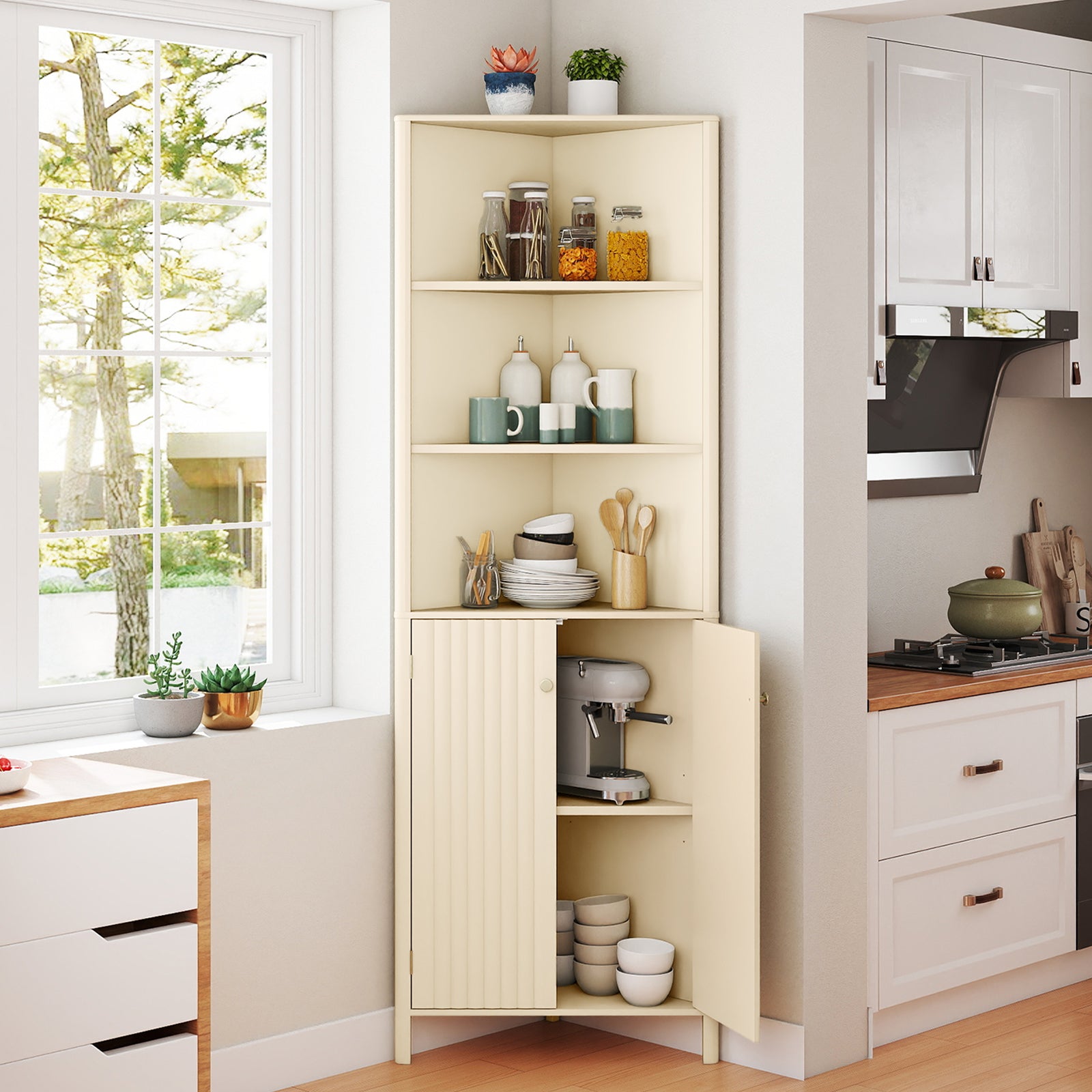 68 Inch Tall Corner Cabinet with 5 Shelves and 2 Fluted Doors for Bathroom-Beige