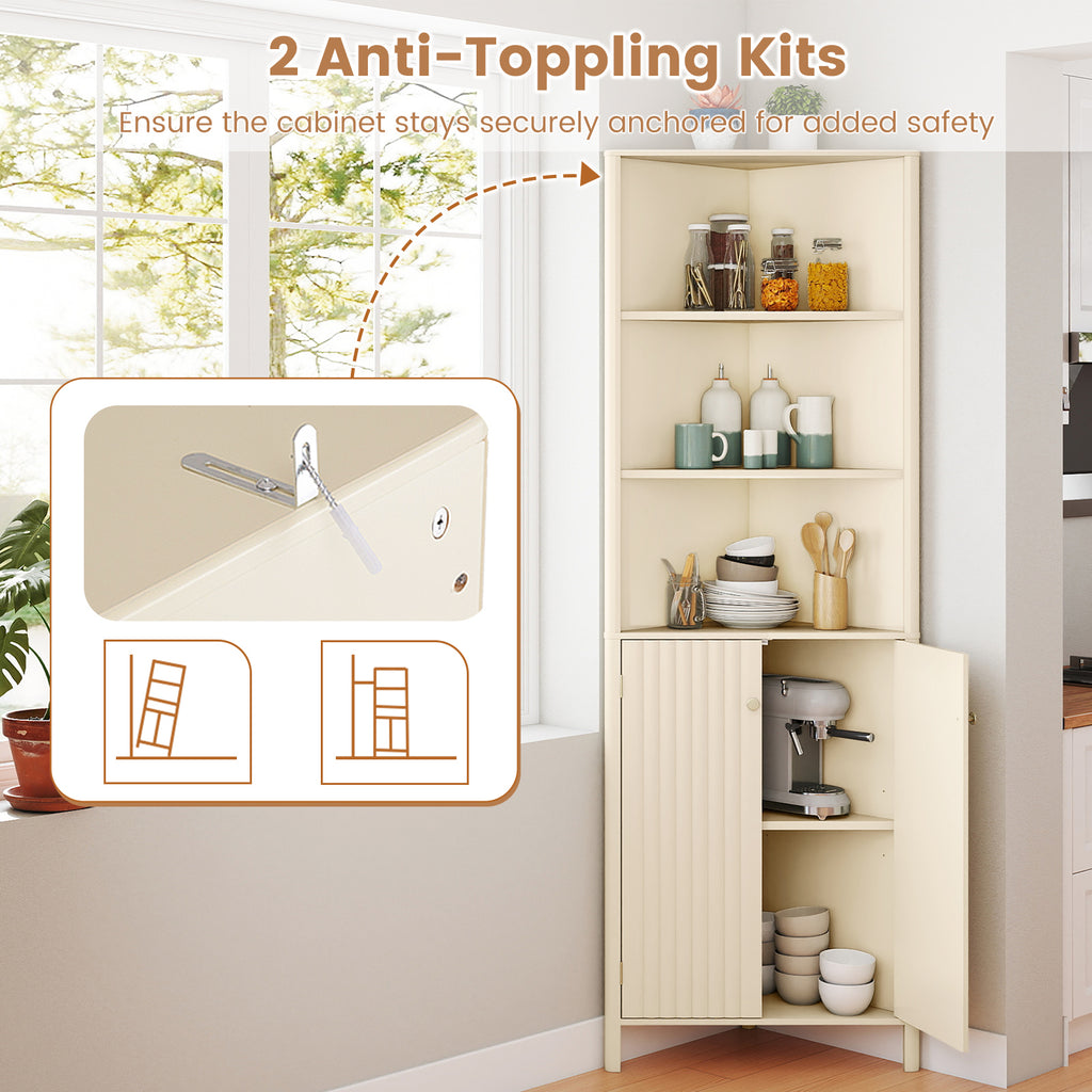 68 Inch Tall Corner Cabinet with 5 Shelves and 2 Fluted Doors for Bathroom-Beige