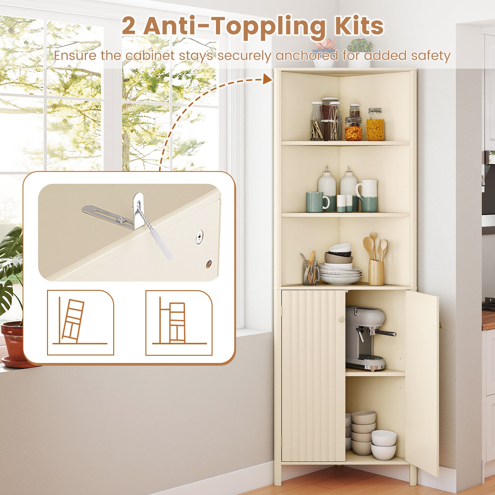 68 Inch Tall Corner Cabinet with 5 Shelves and 2 Fluted Doors for Bathroom-Beige