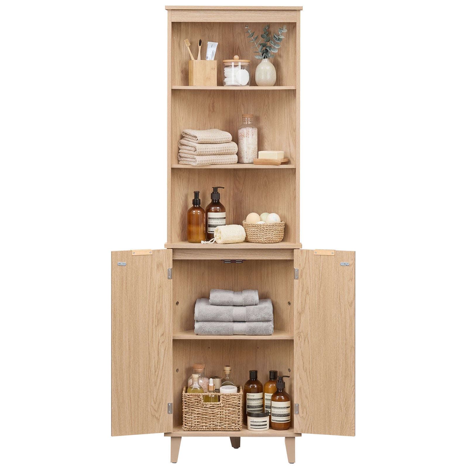 68 Inch Tall Corner Cabinet with Fluted Doors for Bathroom-Oak