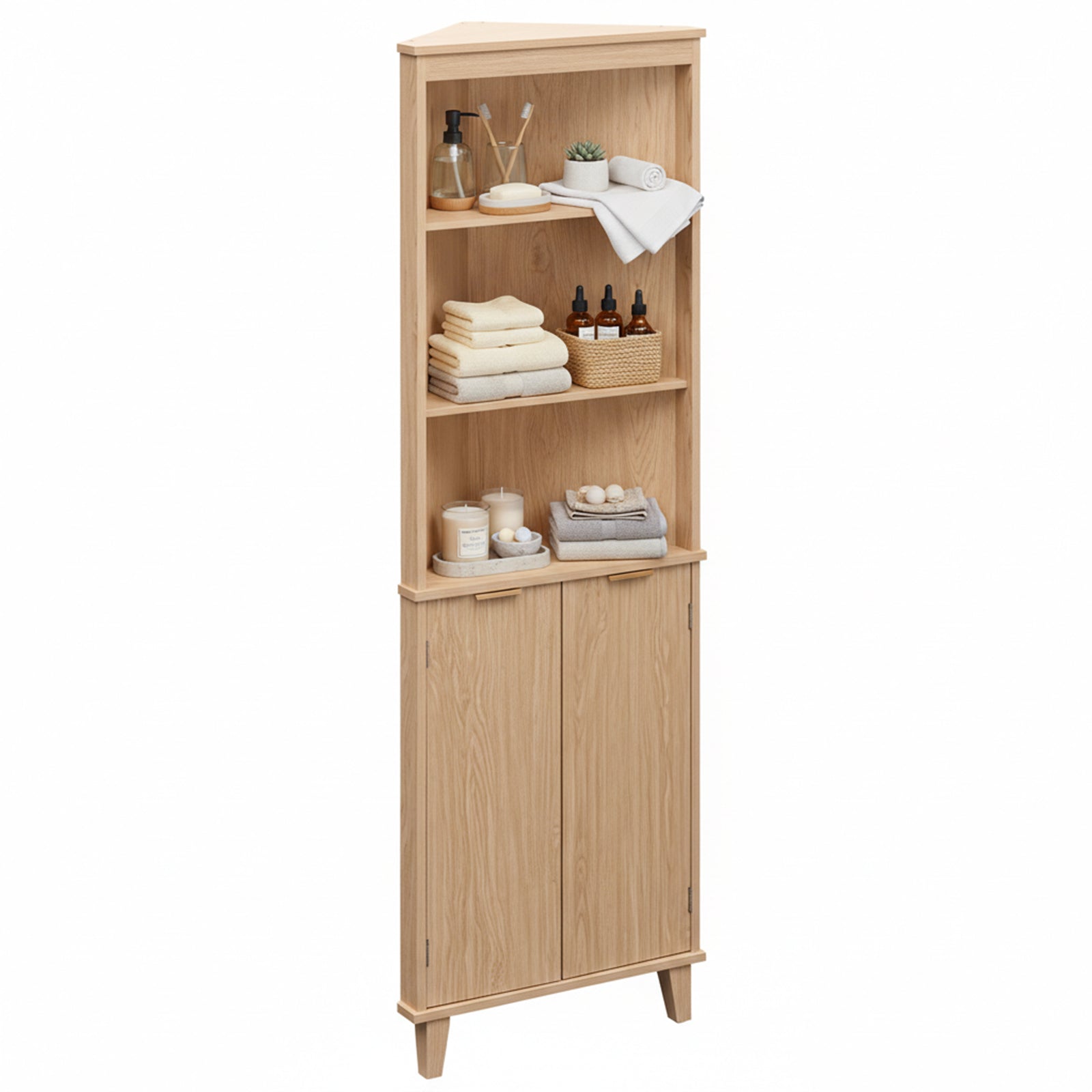68 Inch Tall Corner Cabinet with Fluted Doors for Bathroom-Oak