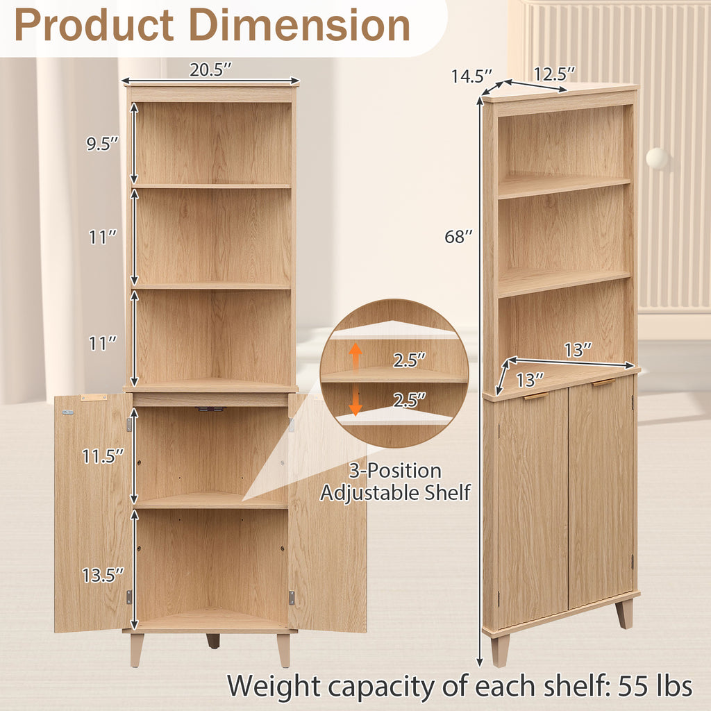 68 Inch Tall Corner Cabinet with Fluted Doors for Bathroom-Oak