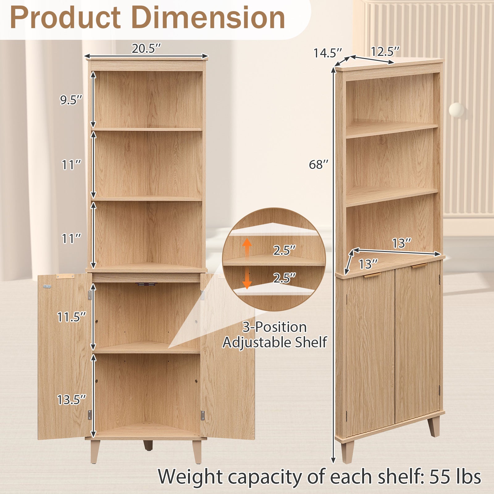68 Inch Tall Corner Cabinet with Fluted Doors for Bathroom-Oak