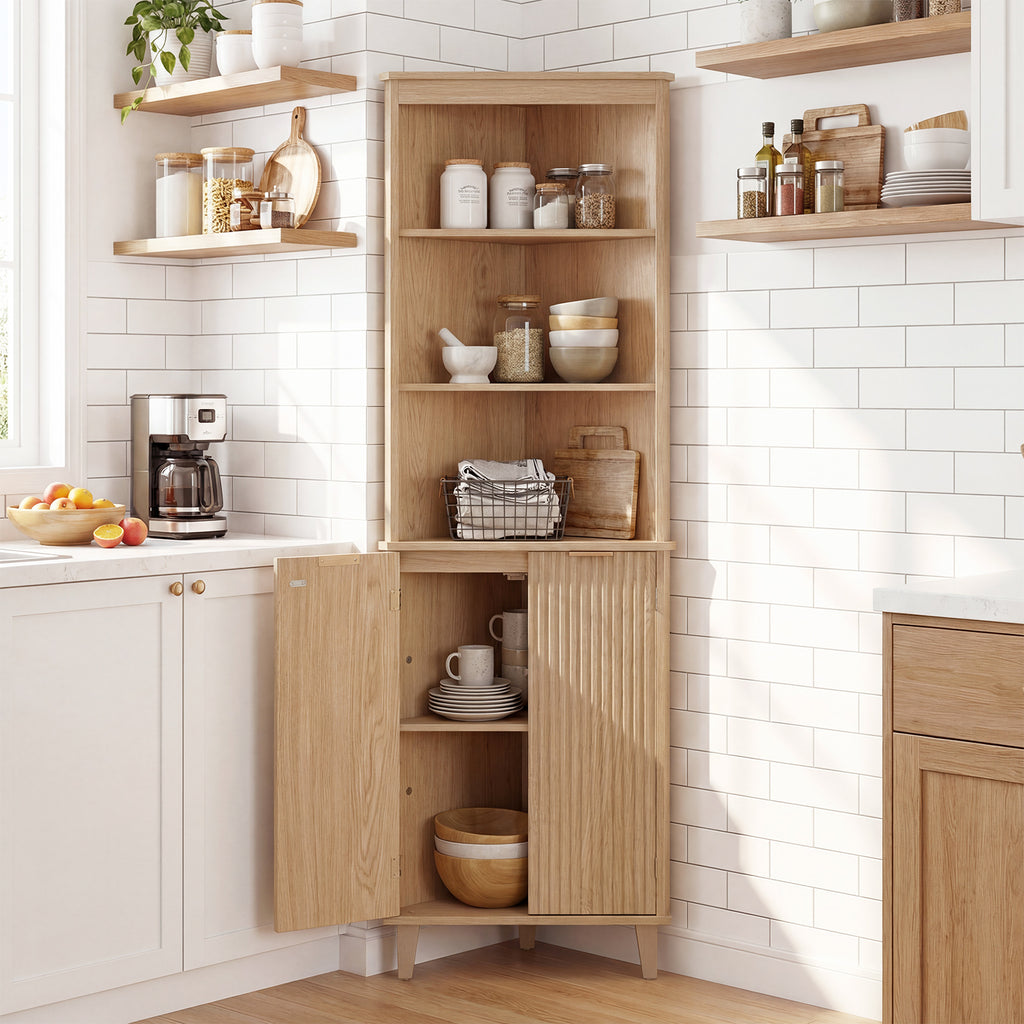 68 Inch Tall Corner Cabinet with Fluted Doors for Bathroom-Oak