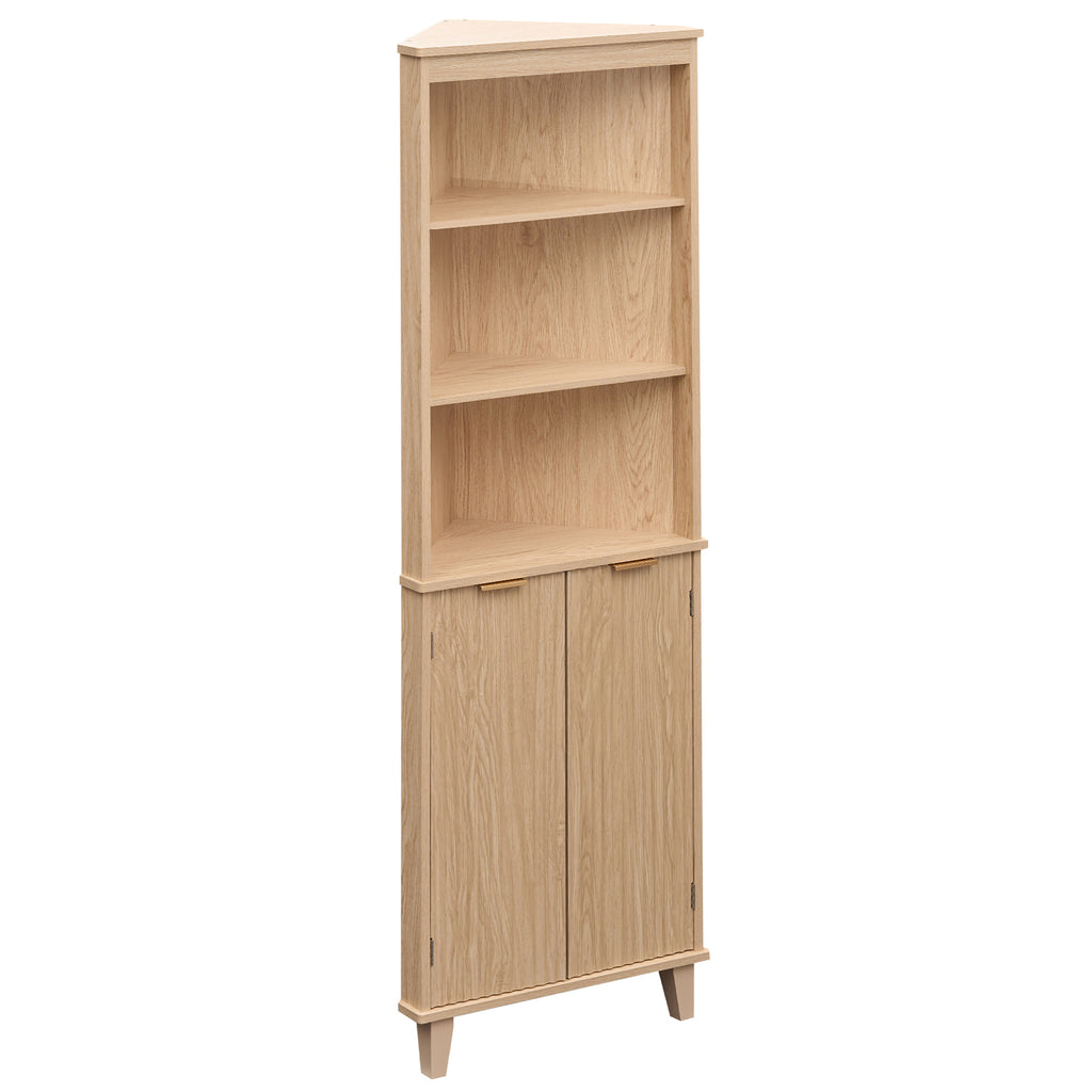 68 Inch Tall Corner Cabinet with Fluted Doors for Bathroom-Oak