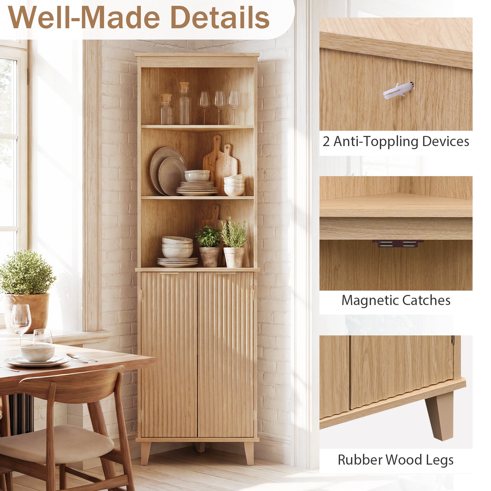 68 Inch Tall Corner Cabinet with Fluted Doors for Bathroom-Oak